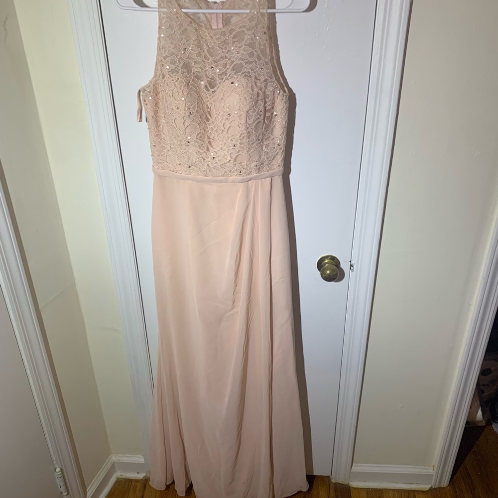 Pink bridesmaid dress with slit and lace top